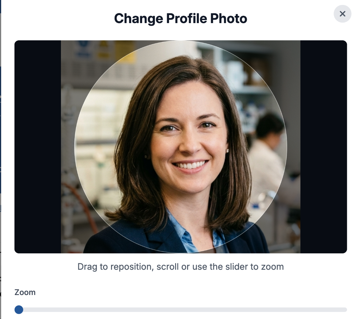 The Change Profile Photo dialog, showing a headshot being positioned within a circular crop frame above a zoom slider
